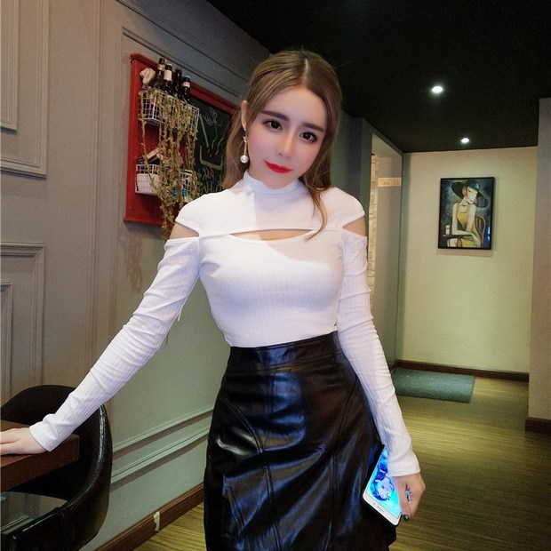 Solid High Neck Hollow Out Sexy T Shirt Design