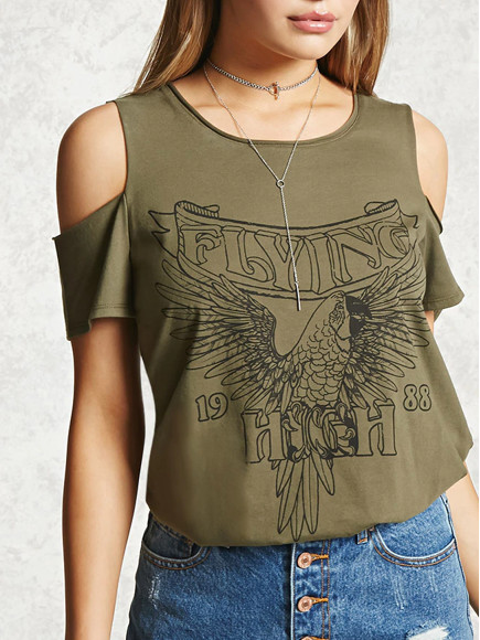 Open Shoulder Printing Animal Green Tee