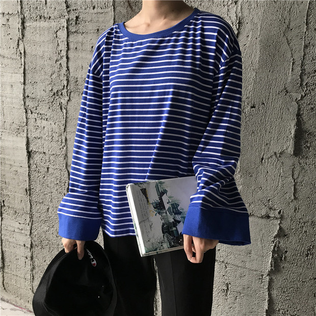 Casual Crew Neck Stripe Loose Shirt