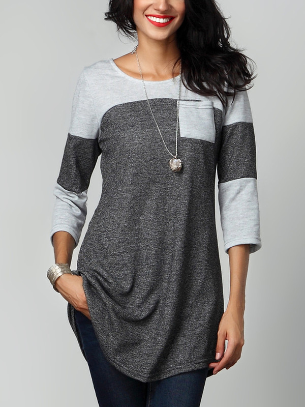 Color Block 3/4 Sleeve Woman Long T-shirt