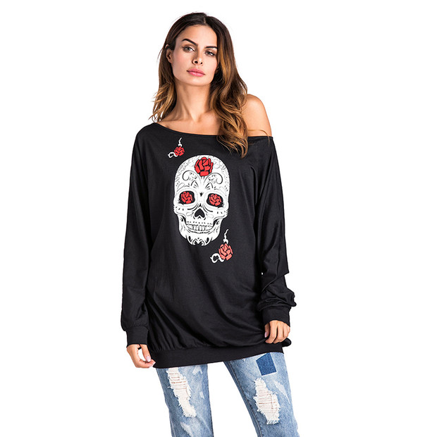 Casual One Shoulder Skull Printing Shirt