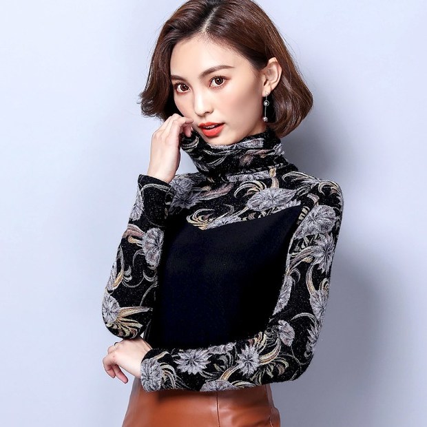 Easy Match High Neck Patchwork Printing Shirt