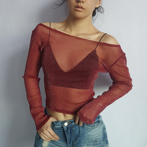 Sexy Gauze Boat Neck Long Sleeve Tee Shirt