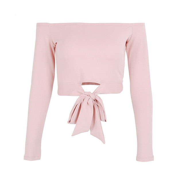 Sweet Pink Bowknot Boat Neck Crop Tee Top