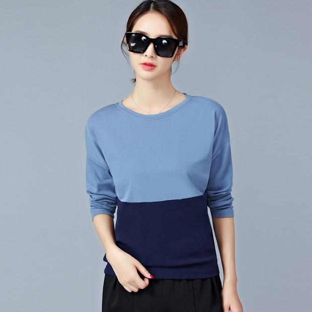 Simple Design Crew Neck Color Match Shirt